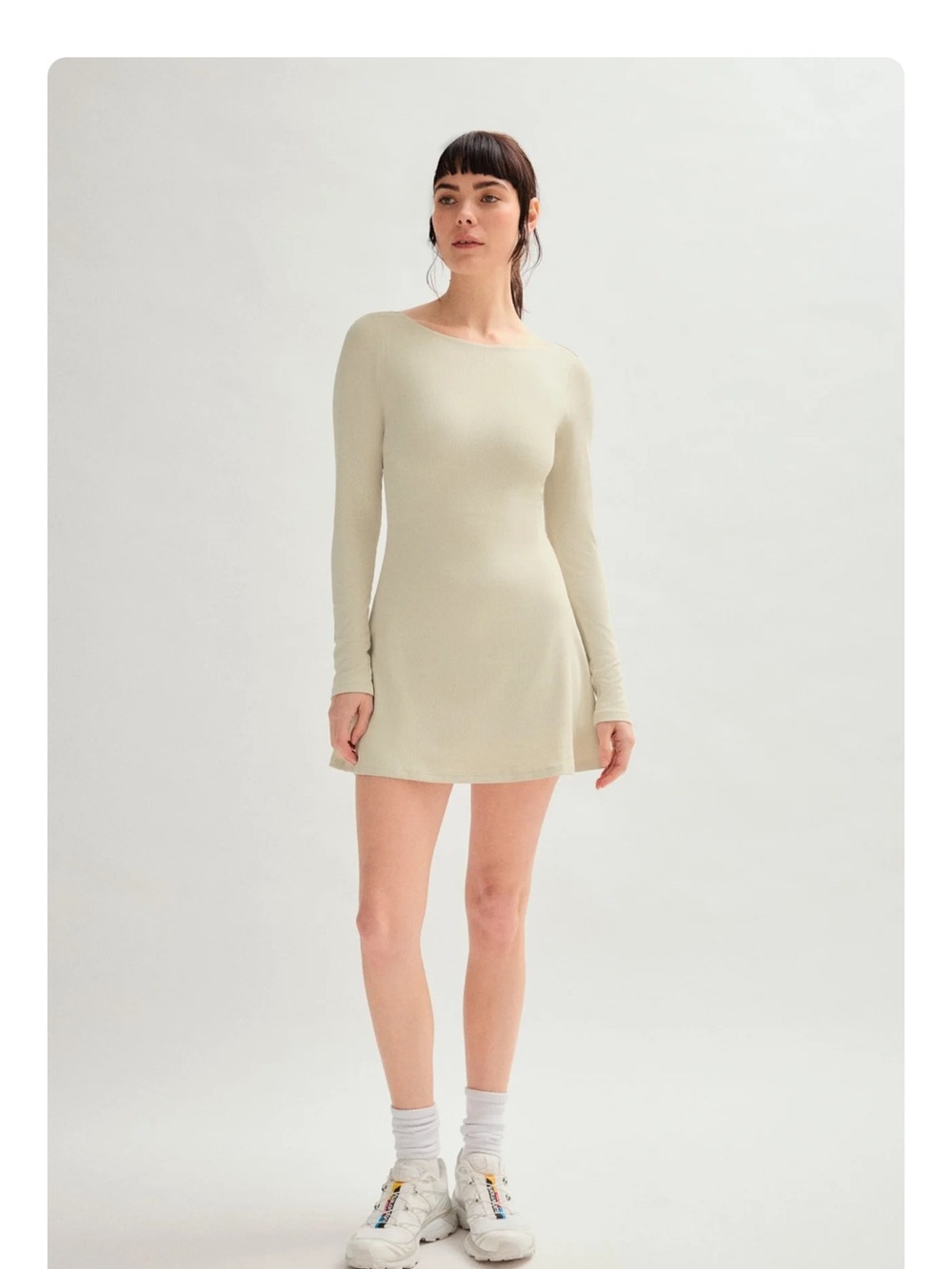 NEW girlfriend collective Long-Sleeve Scoop-Neck Mini Dress in Light Beige